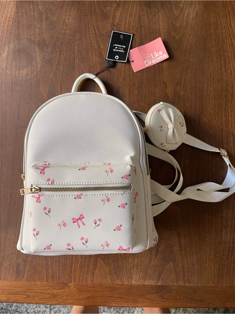 White Mini Backpack with Pink Bow & Floral Print